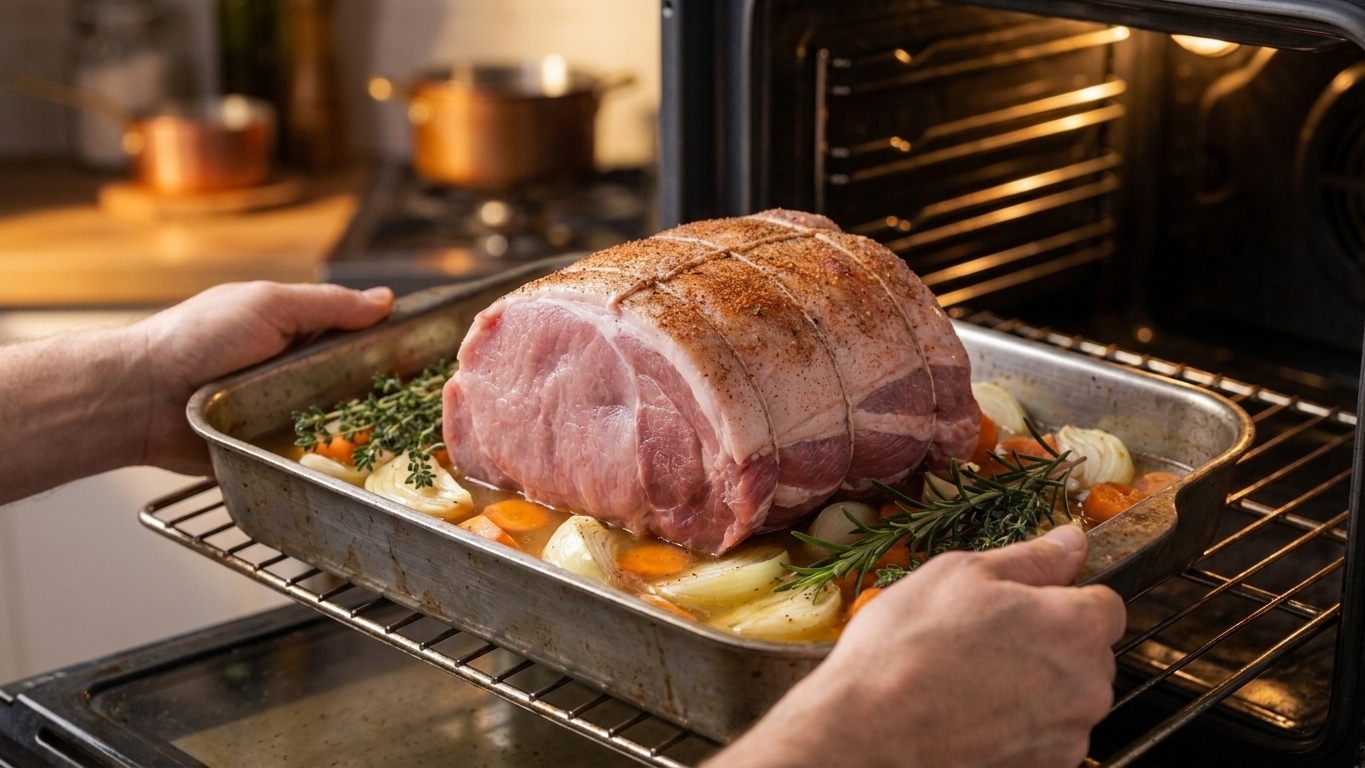 Seasoned pork shoulder roast resting on onions and carrots in a roasting pan with chicken broth, ready to go into the oven