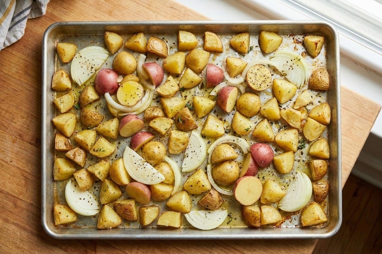 Seasoned potato chunks and sliced onion spread out on a rimmed sheet pan on a light kitchen counter
