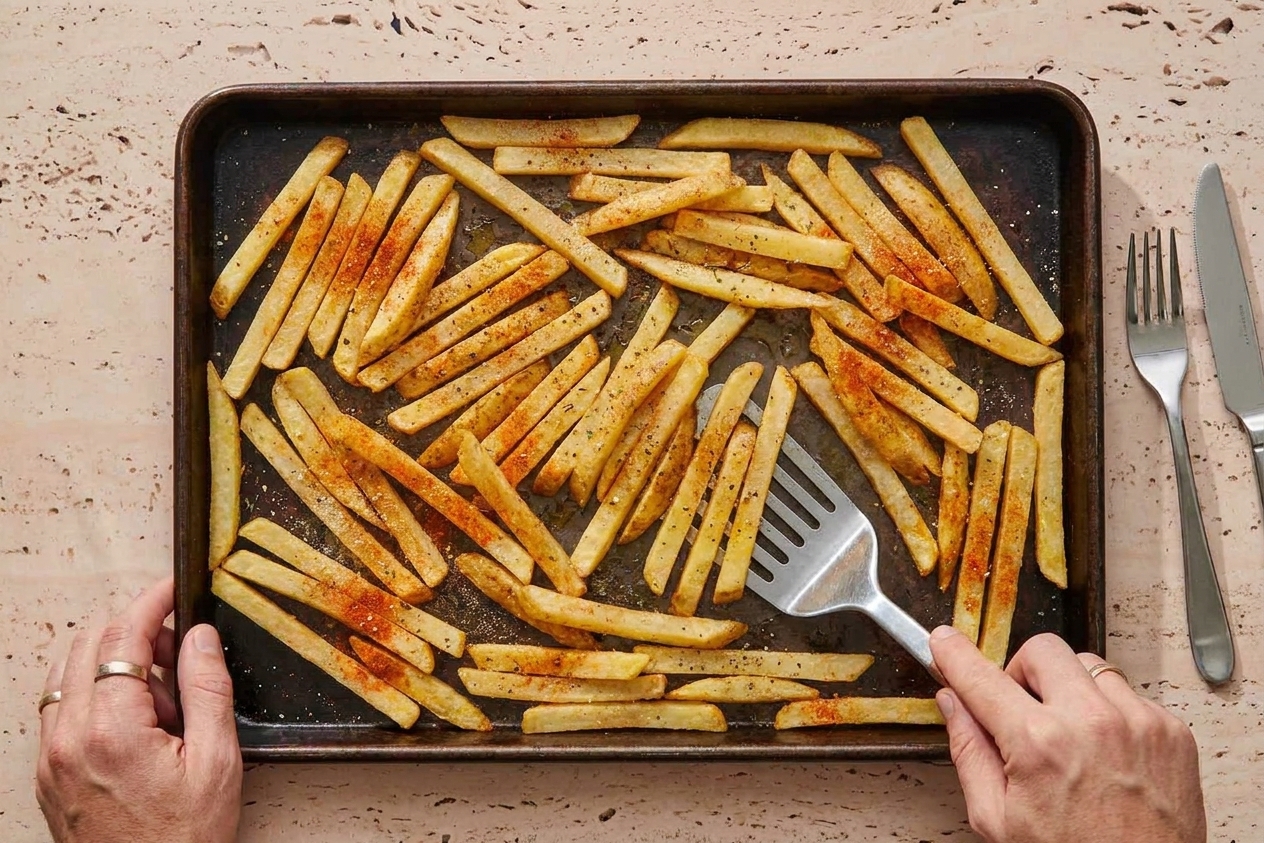 Seasoned potato fries spread in a single layer on a hot rimmed baking sheet before going into the oven