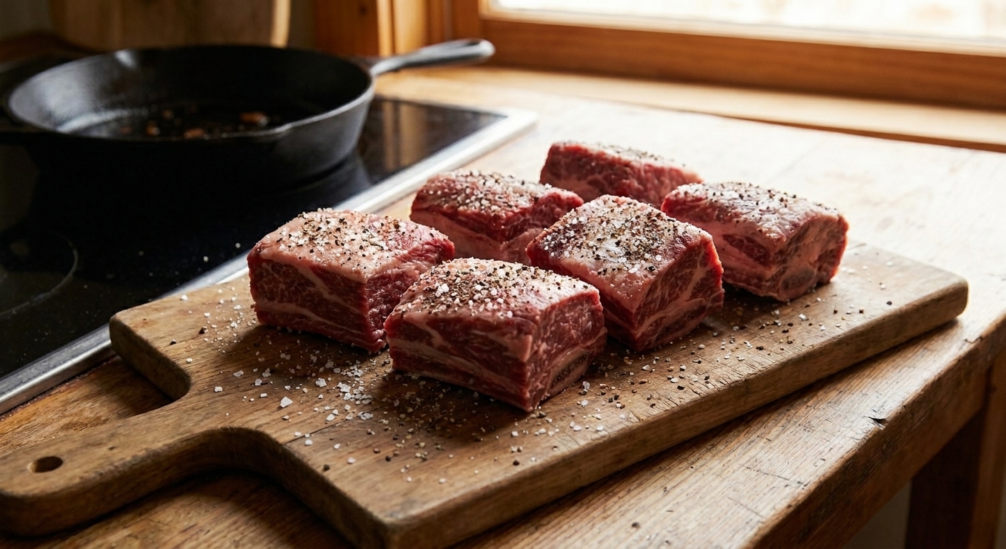 Seasoned raw beef short ribs on a cutting board with salt and black pepper scattered nearby under warm kitchen lighting
