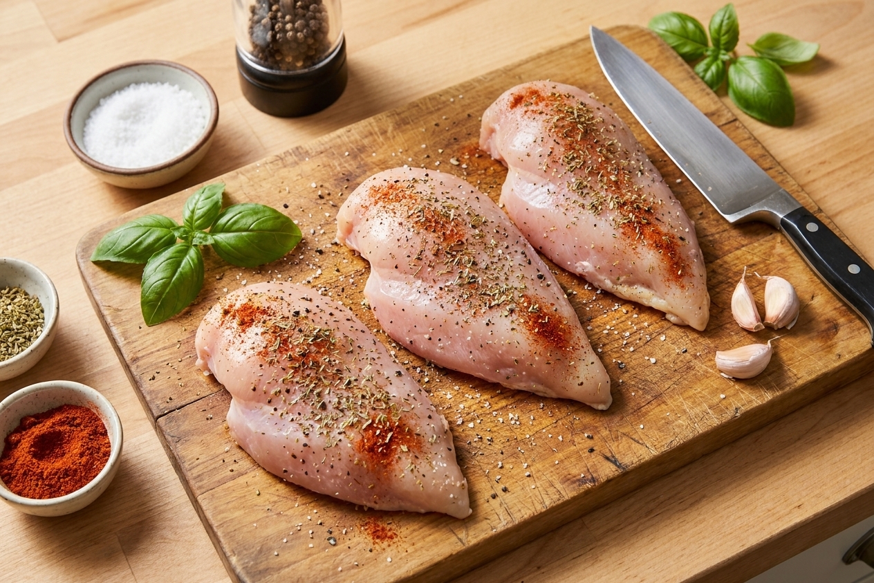 Seasoned raw chicken breasts on a cutting board with salt, pepper, Italian seasoning, and paprika nearby on a kitchen counter