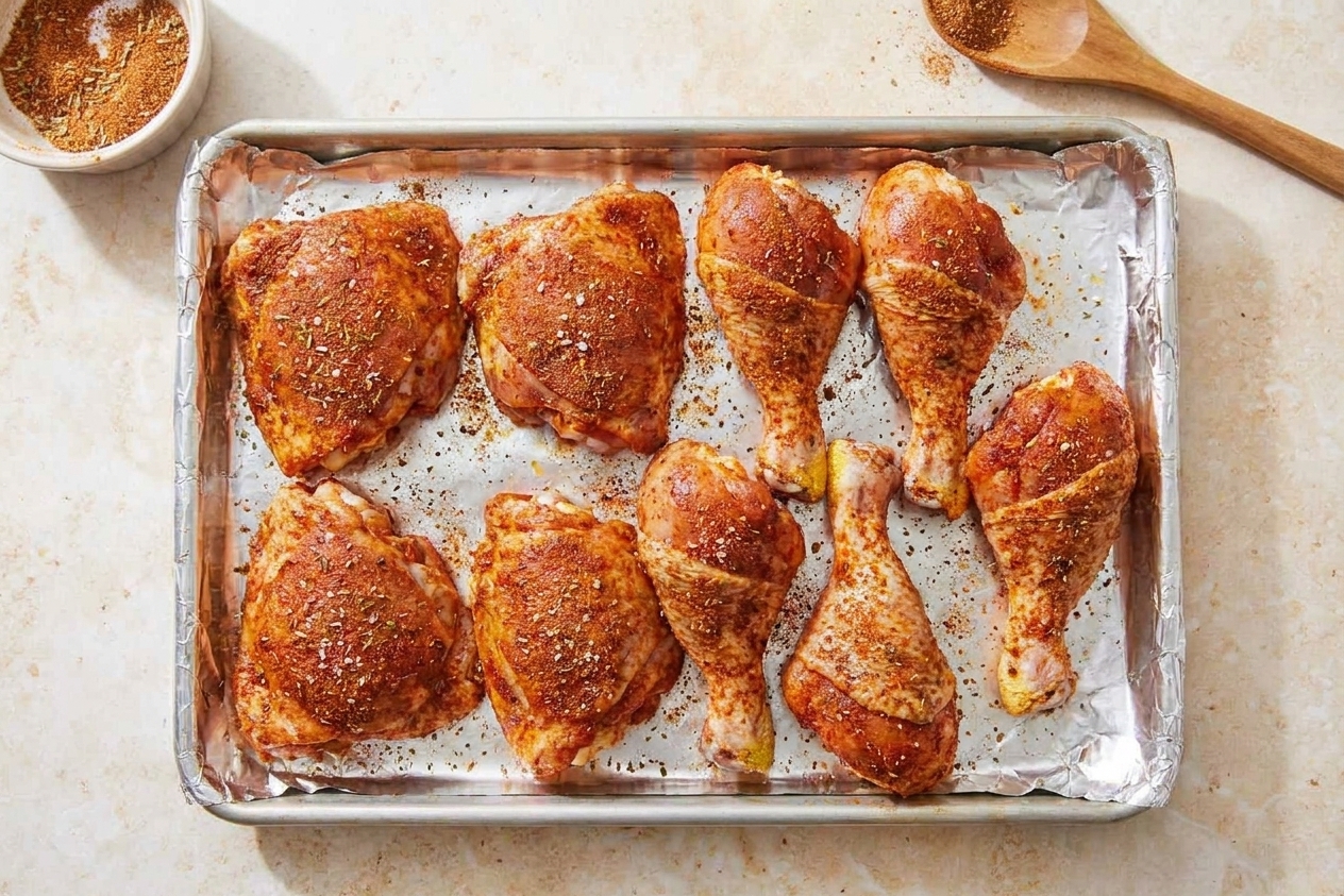 Seasoned raw chicken thighs and drumsticks arranged on a foil-lined baking sheet in a home kitchen