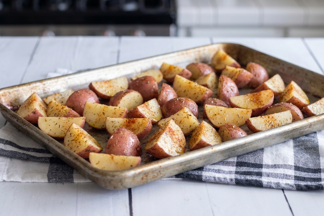 Seasoned red potato chunks spread in a single layer on a metal sheet pan on a kitchen counter