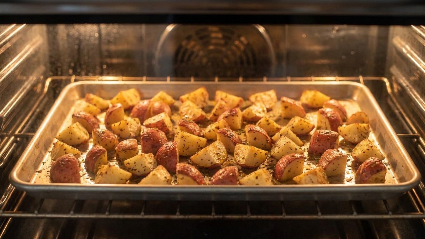 Seasoned red potato chunks spread out on a sheet pan, starting to brown at the edges in a hot oven