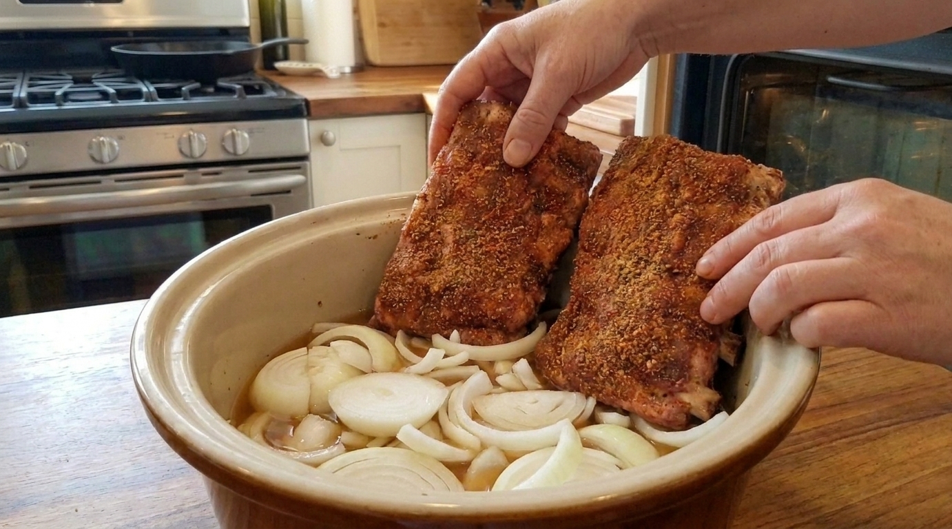 Seasoned rib sections standing upright inside a slow cooker over sliced onions with a small amount of liquid in the bottom