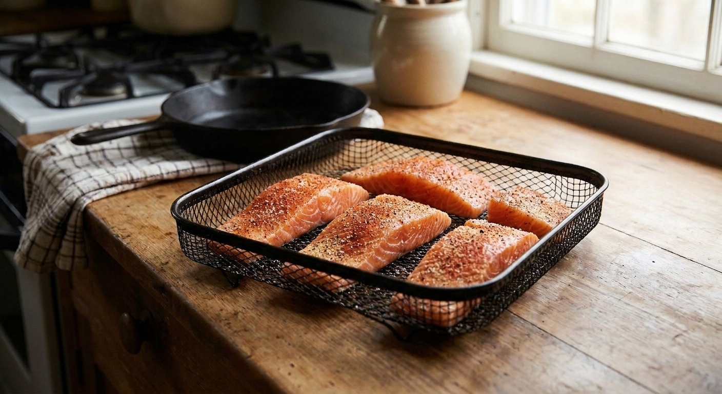 Seasoned salmon fillets arranged in a single layer inside an air fryer basket on a wooden counter