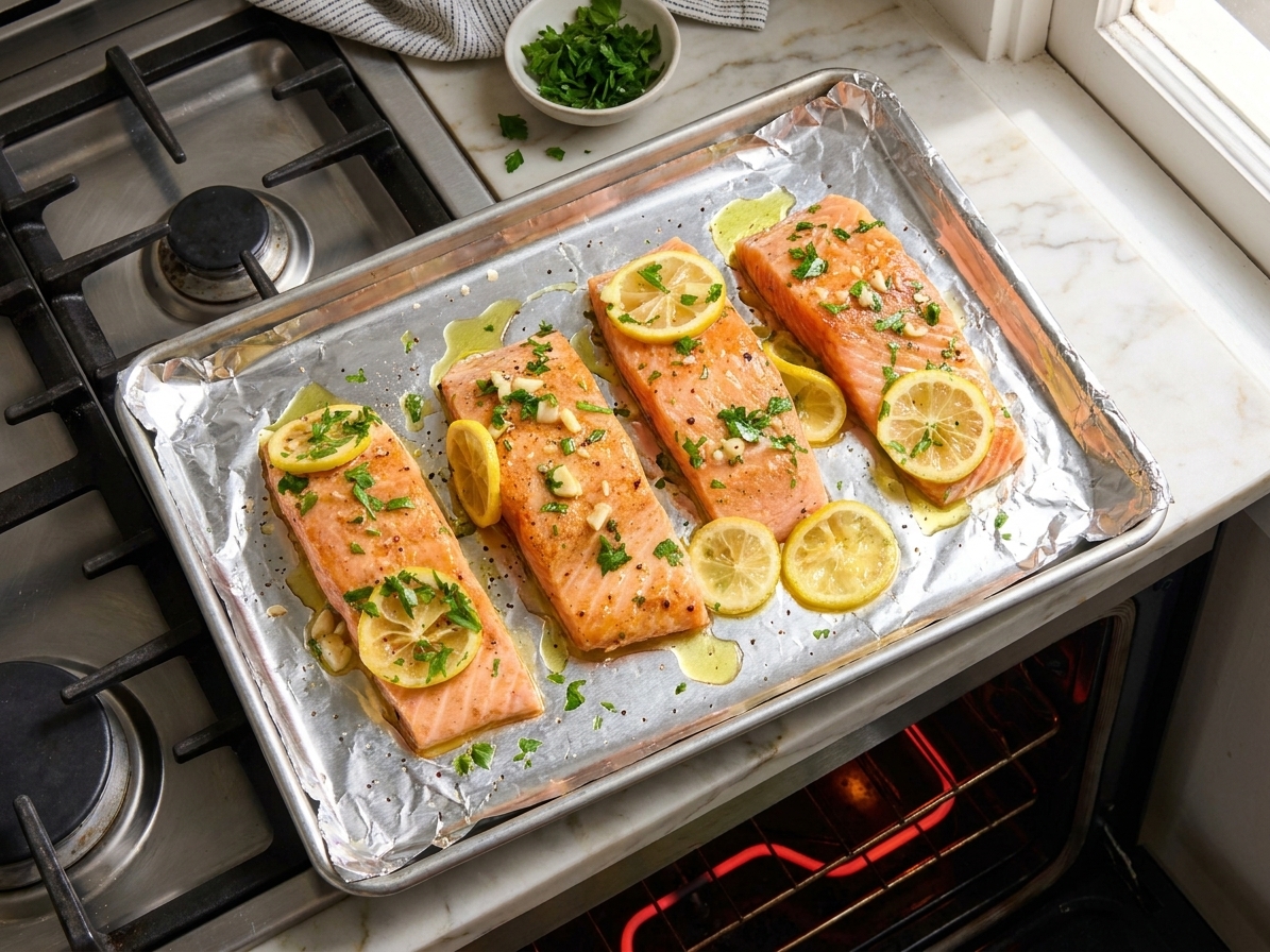 Seasoned salmon fillets on a foil lined sheet pan ready to go under the broiler, viewed from above on a kitchen counter