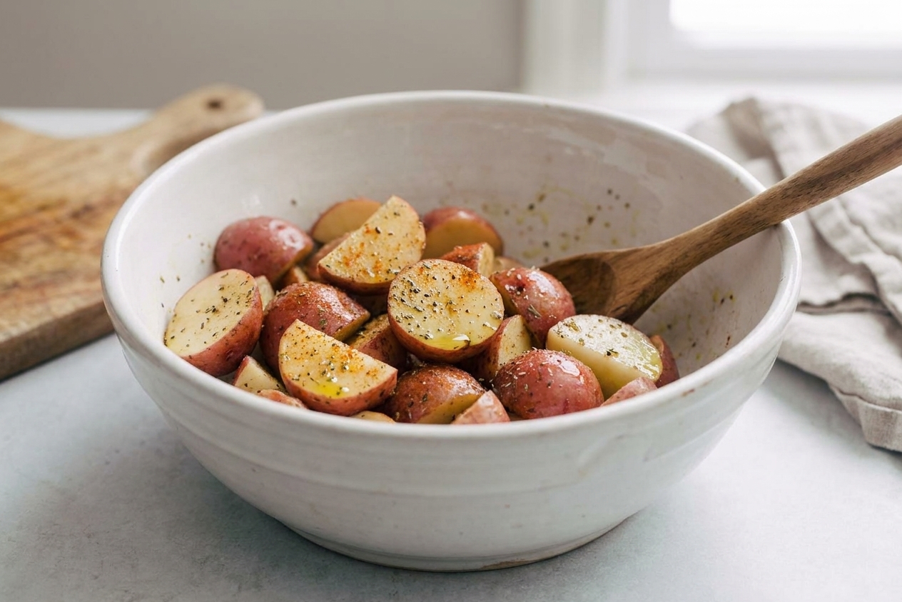 Seasoned scarlet potato pieces in a large mixing bowl with olive oil and spices coating the cut surfaces