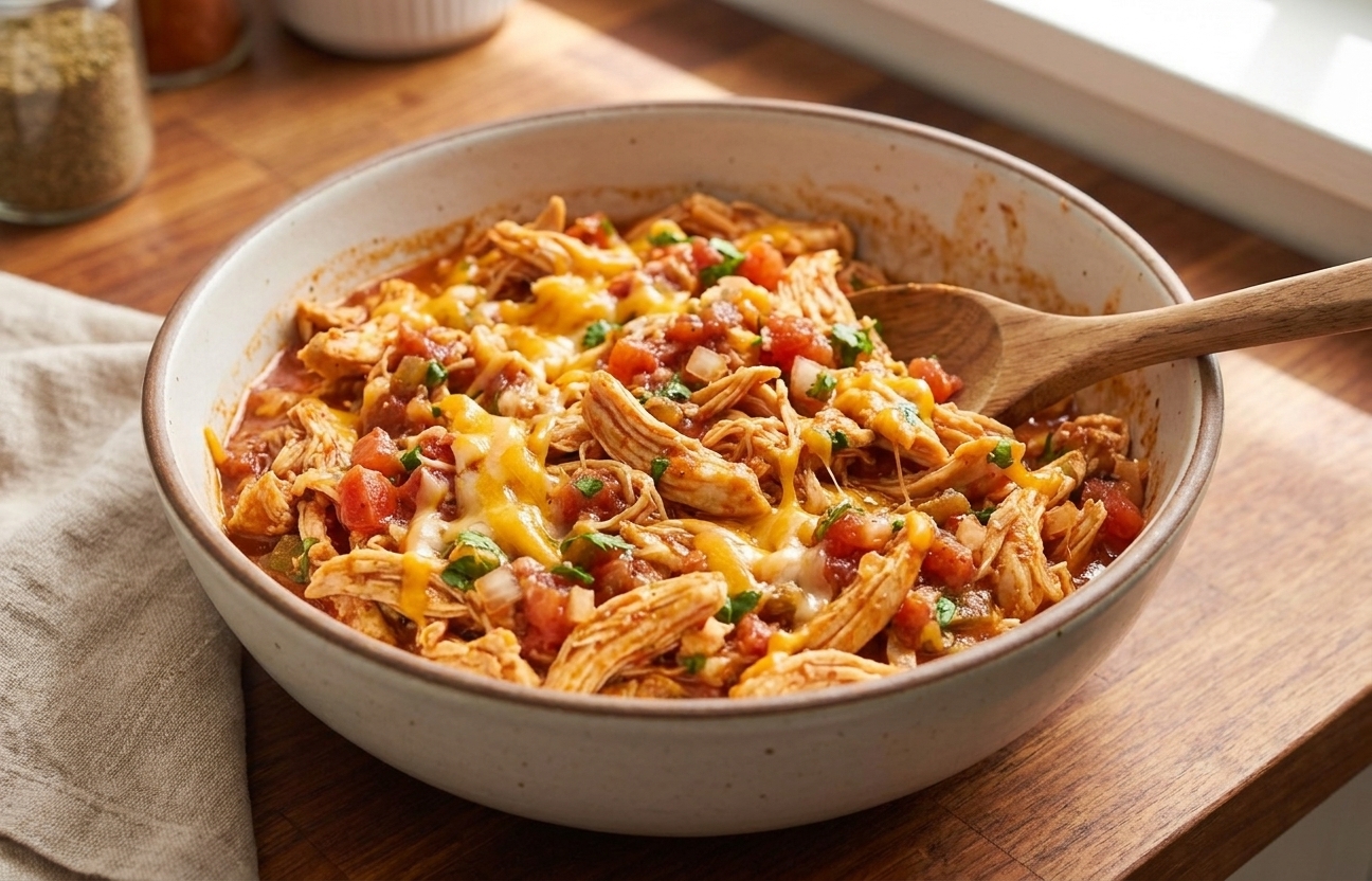 Seasoned shredded chicken chimichanga filling mixed in a bowl with cheese and salsa on a kitchen counter