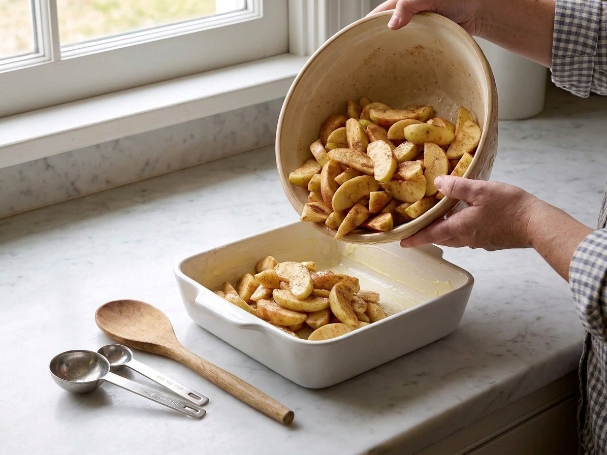 Seasoned sliced apples being poured into a buttered square baking dish on a kitchen counter