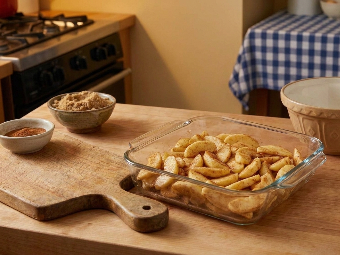 Seasoned sliced apples spread evenly in a square glass baking dish before adding the topping