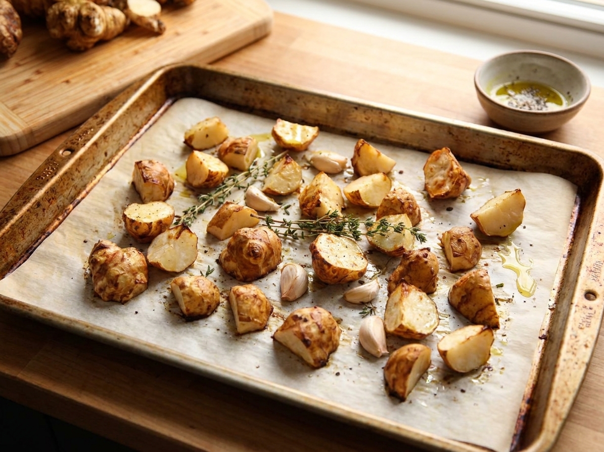 Seasoned sunchoke pieces spread in a single layer on a parchment-lined sheet pan, glistening with olive oil and pepper before roasting