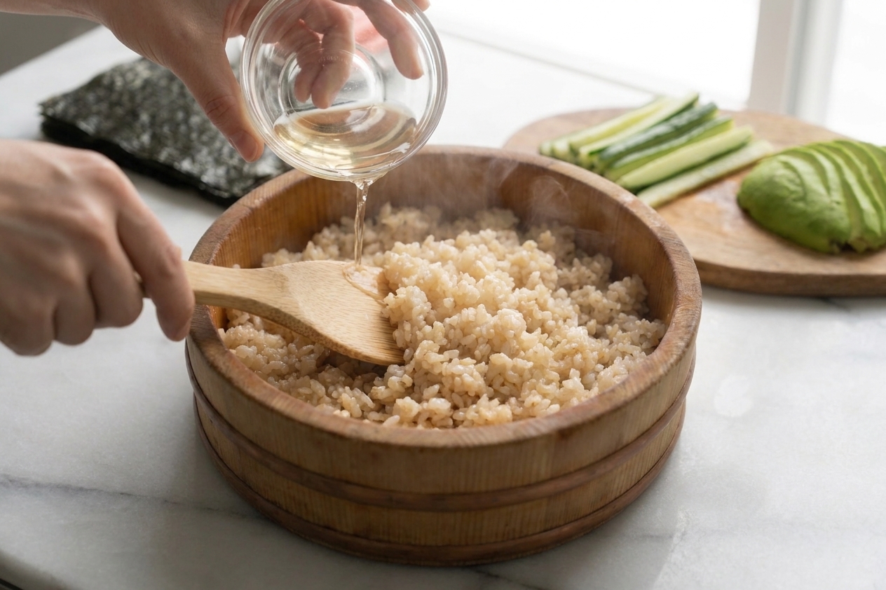 Seasoned sushi rice being gently folded with vinegar seasoning in a wide bowl using a rice paddle on a clean countertop