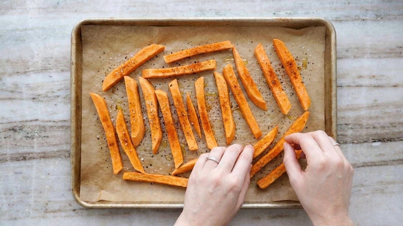 Seasoned sweet potato fries spaced out in a single layer on a parchment-lined sheet pan before baking
