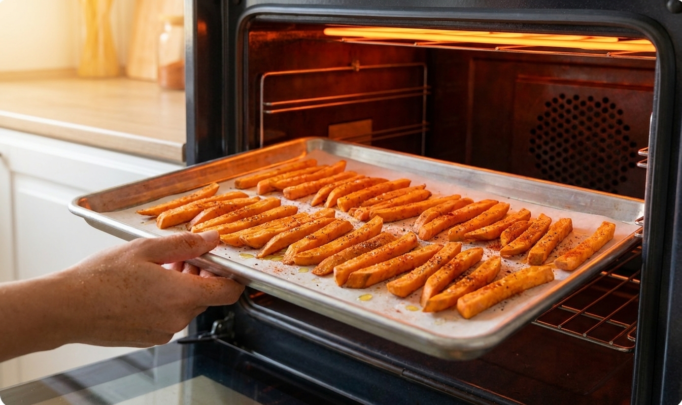 Seasoned sweet potato fries spread in a single layer on a parchment-lined baking sheet before baking