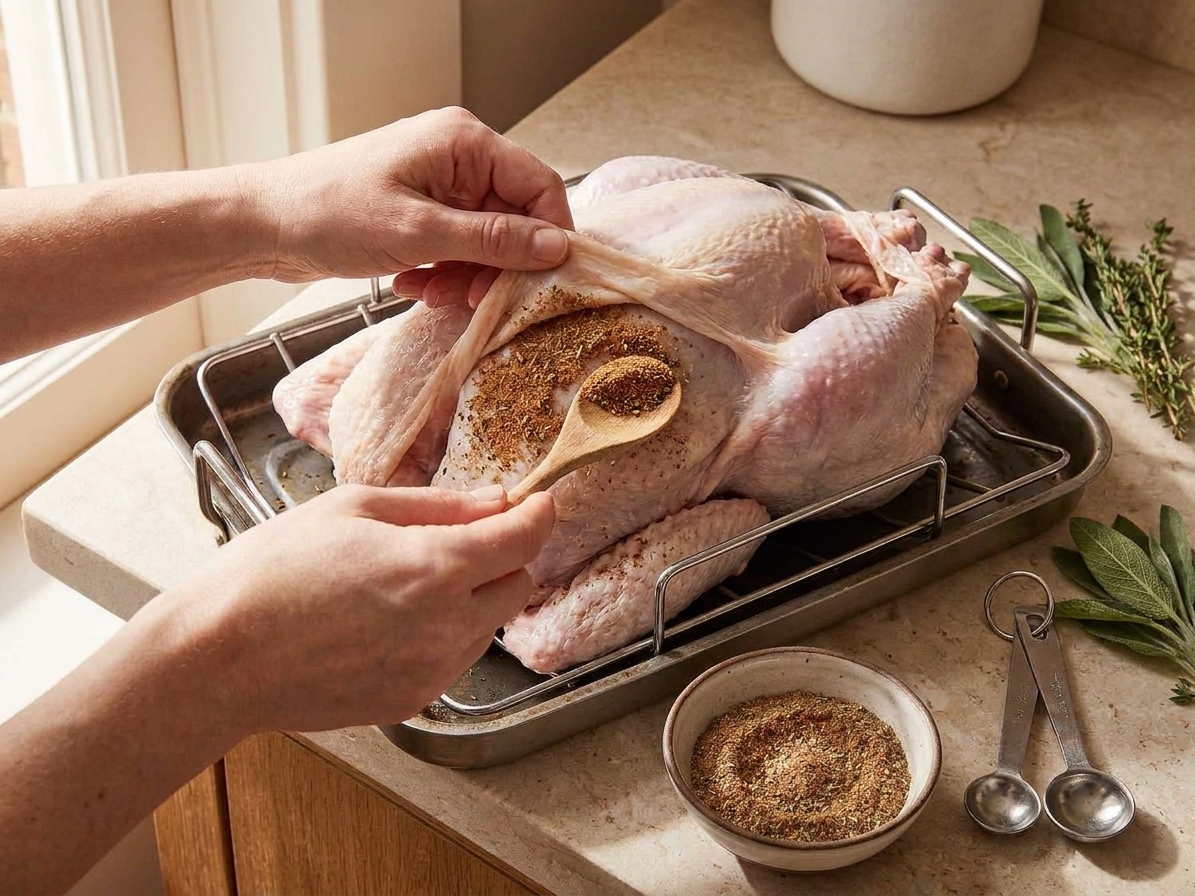 Seasoning being rubbed under the skin of a whole turkey on a rack in a roasting pan before roasting