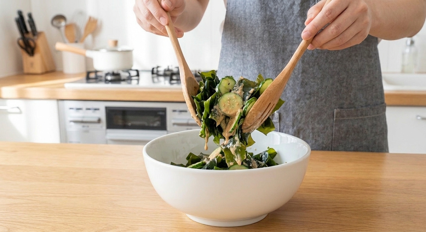 Seaweed and cucumber being tossed with sesame dressing in a ceramic mixing bowl on a kitchen counter