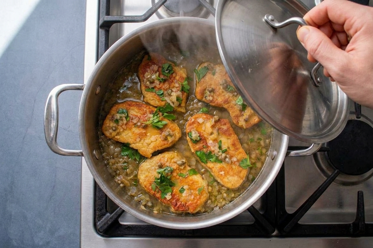 Seitan cutlets gently simmering in a pot of broth on a stovetop with a lid slightly ajar
