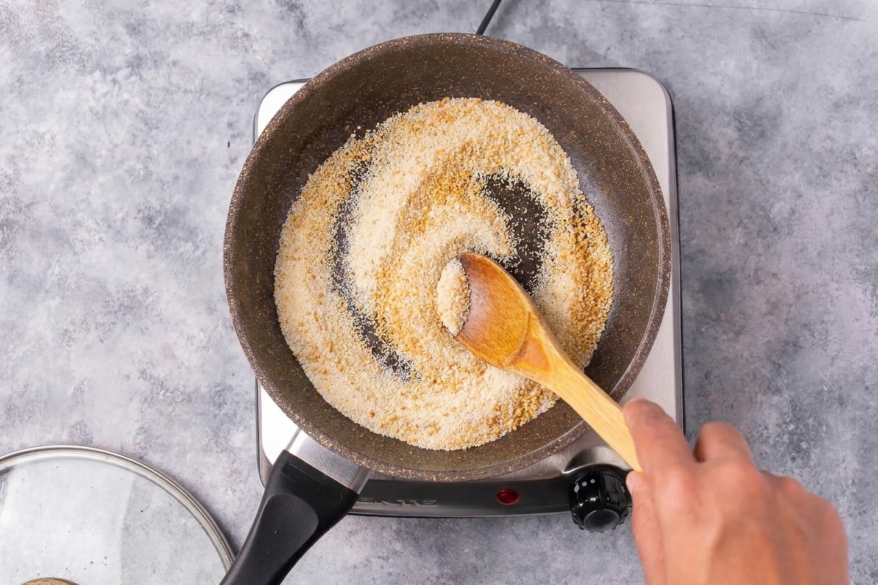 Semolina being stirred in a dry skillet with a wooden spoon as it turns lightly golden, photographed on a home stove