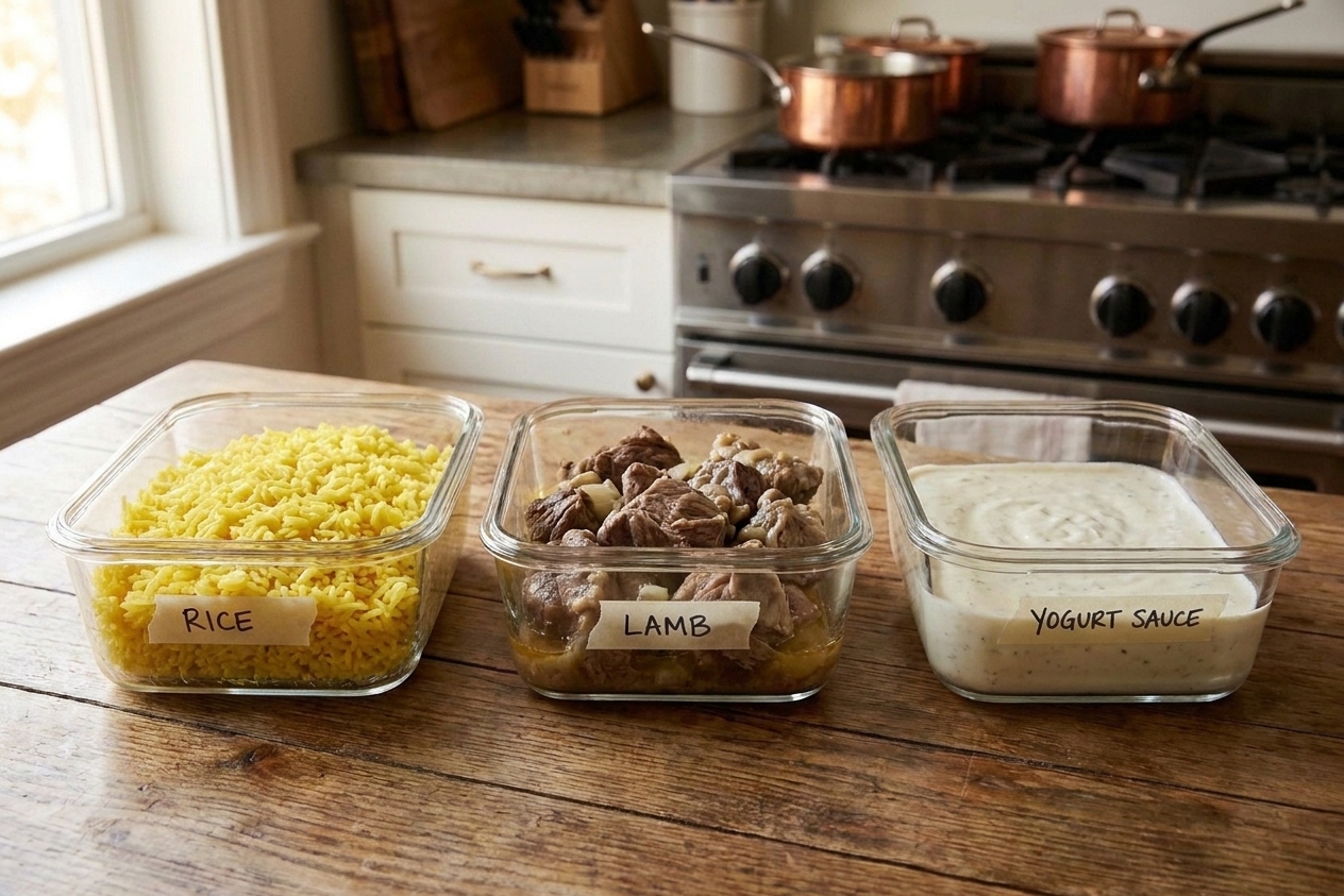 Separate containers of rice, lamb, and yogurt sauce labeled by position on a kitchen counter, ready for refrigeration