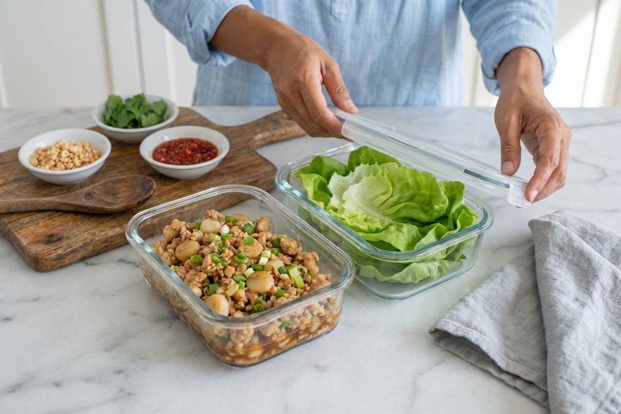 Separate meal prep containers with cooked chicken lettuce wrap filling in one and dried butter lettuce leaves in another on a kitchen counter