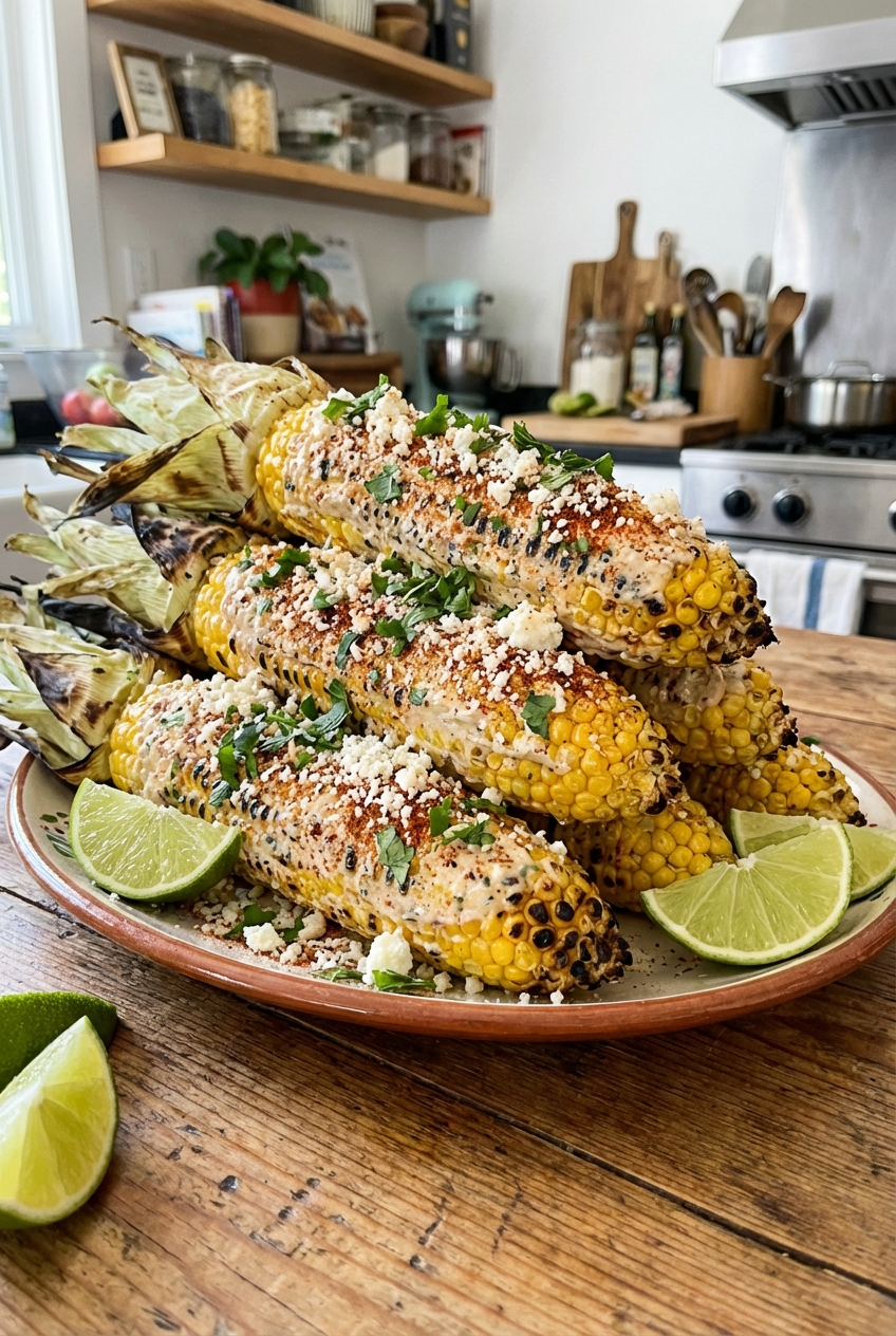 Serving platter of finished Mexican street corn topped with crumbled cheese and cilantro, with lime wedges on the side
