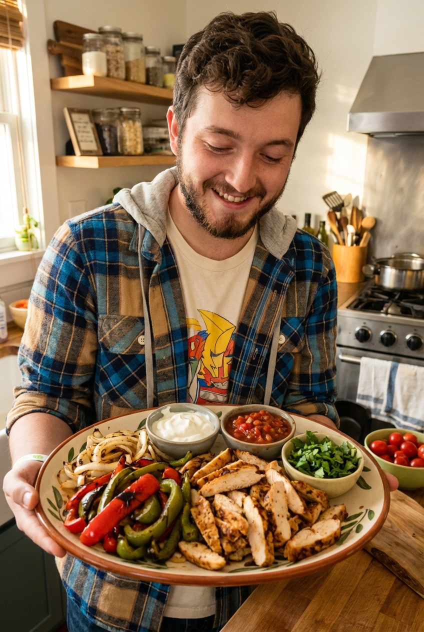 Serving platter with sliced chicken fajitas, roasted peppers and onions, and small bowls of toppings like sour cream, salsa, and cilantro