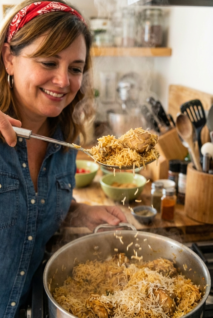 Serving spoon lifting steaming chicken biryani with separate rice grains