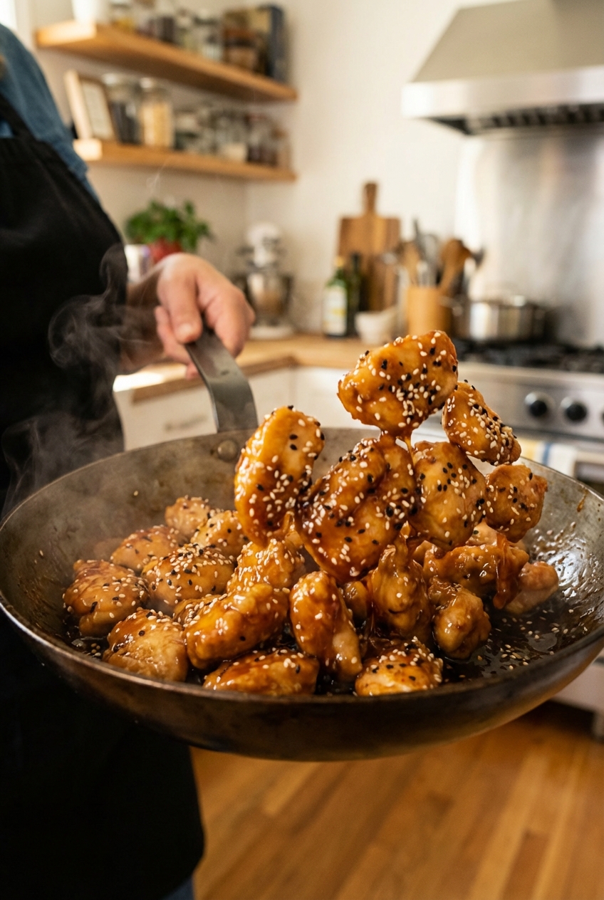 Sesame chicken being tossed in a skillet with glossy sauce and sesame seeds