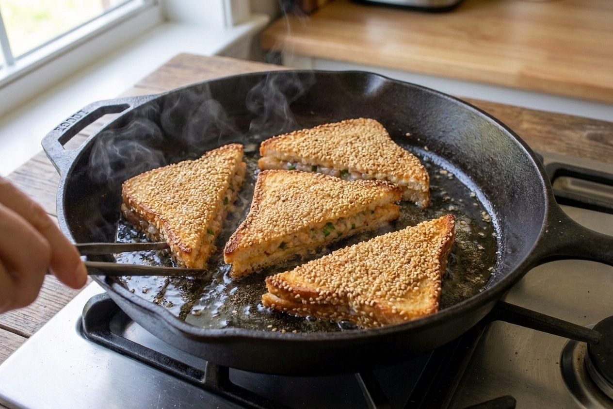 Sesame-crusted shrimp toast triangles frying shrimp-side down in a skillet with shimmering oil on a stovetop
