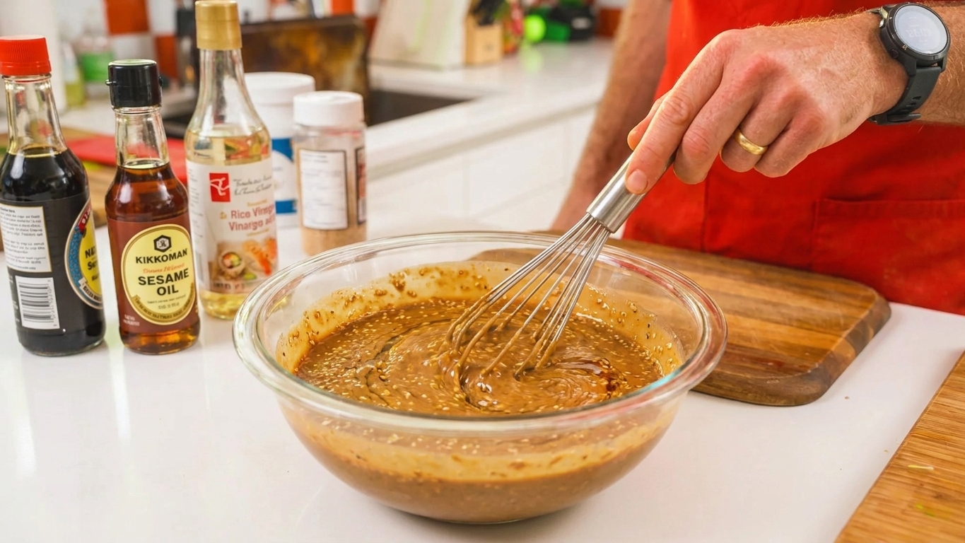 Sesame noodle sauce being whisked in a glass bowl on a kitchen counter with soy sauce and sesame oil nearby