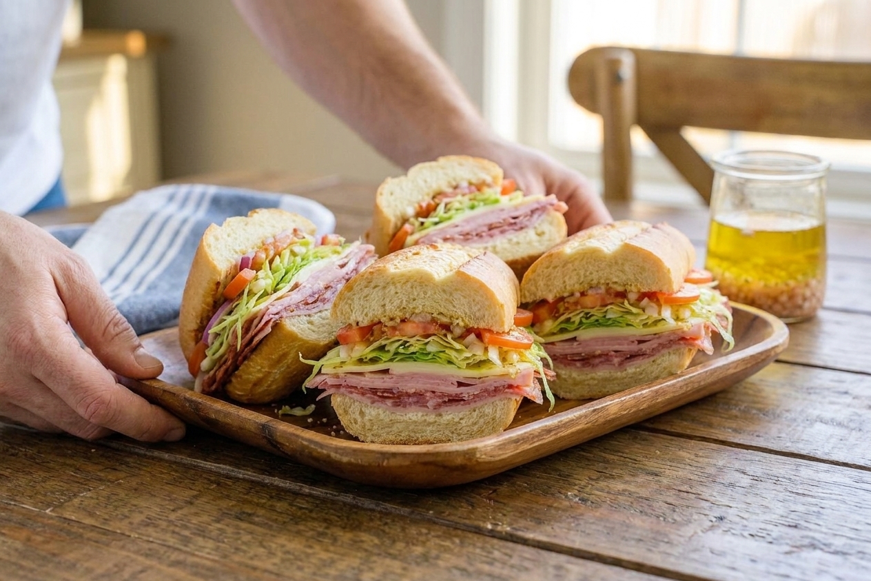 Several Italian sub halves arranged on a serving platter with visible layers of deli meat, cheese, lettuce, tomatoes, and onions, set on a dining table