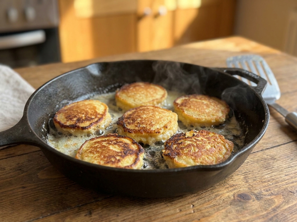 Several Johnny cakes sizzling in a buttered cast iron skillet with edges beginning to brown