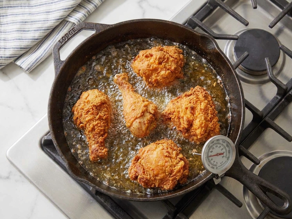 Several chicken pieces frying in hot oil in a cast iron skillet with a gentle steady bubble, viewed from above