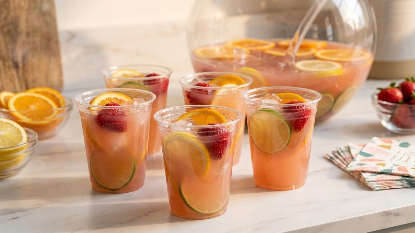 Several clear cups of jungle juice with citrus slices and strawberries on a casual party table