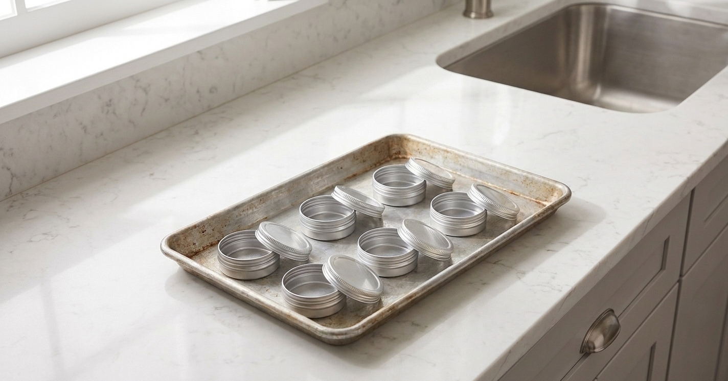 Several empty metal lip balm tins arranged on a small sheet pan on a kitchen counter