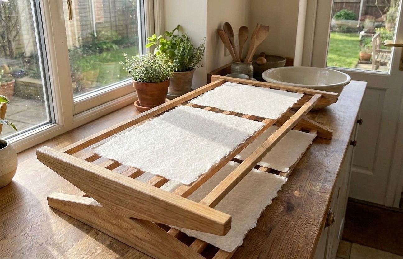 Several fresh handmade paper sheets drying on a rack near a sunny kitchen window, edges slightly deckled