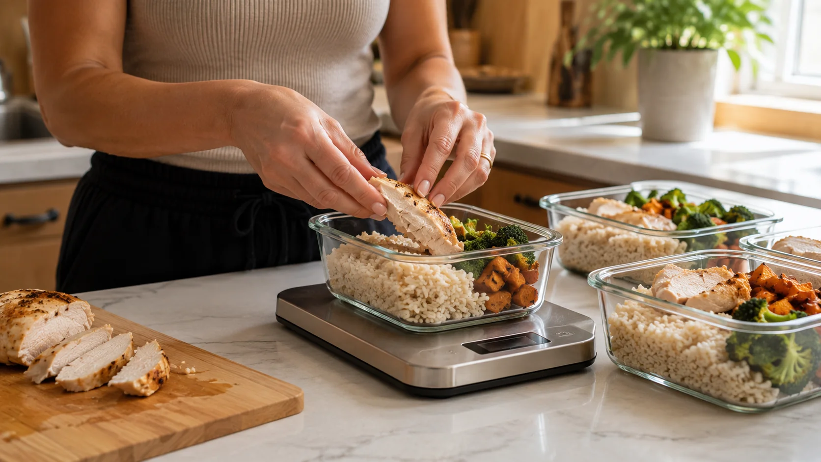 Several glass meal prep containers being filled and weighed on a digital scale, with a pot of food nearby on a stovetop