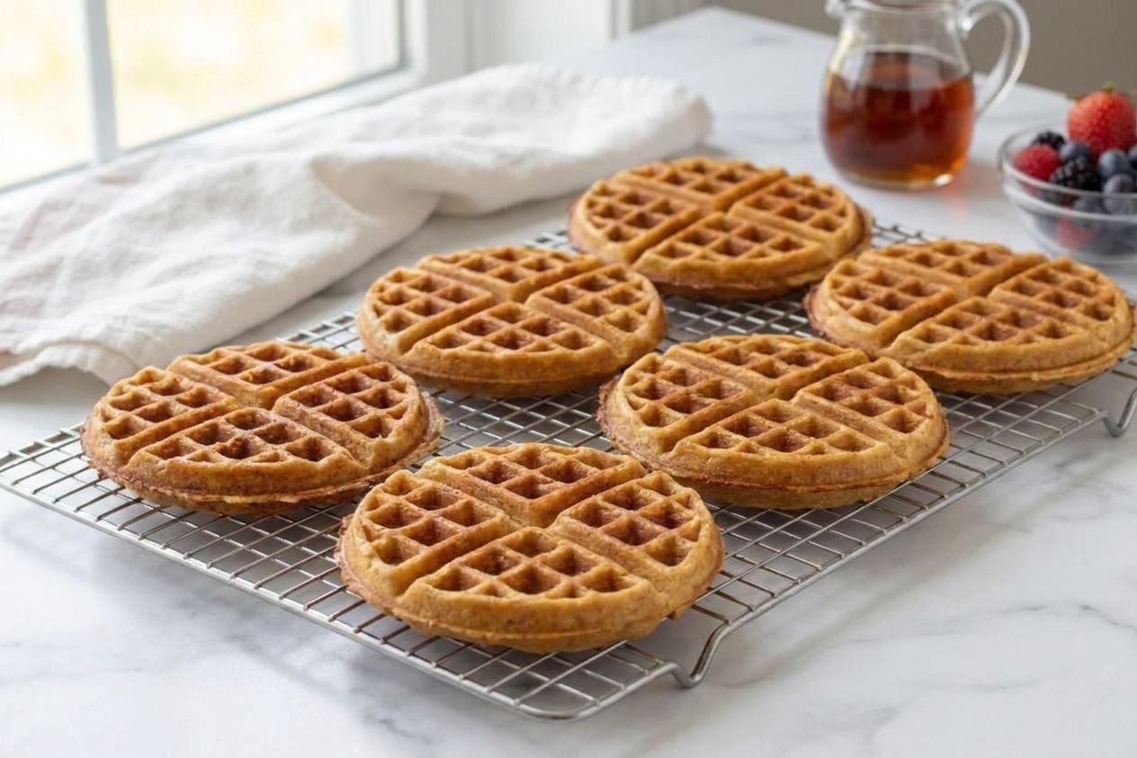 Several gluten-free waffles cooling in a single layer on a wire rack on a kitchen counter