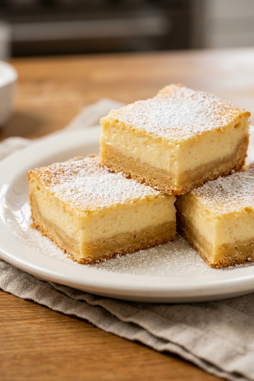 Several gooey butter cake squares on a plate showing the distinct shortbread base and custardy top layer, lightly dusted with powdered sugar, close-up food photo