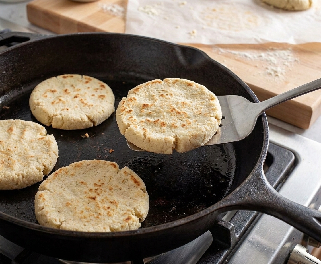 Several gorditas cooking in a cast iron skillet with light browning spots forming on the surface