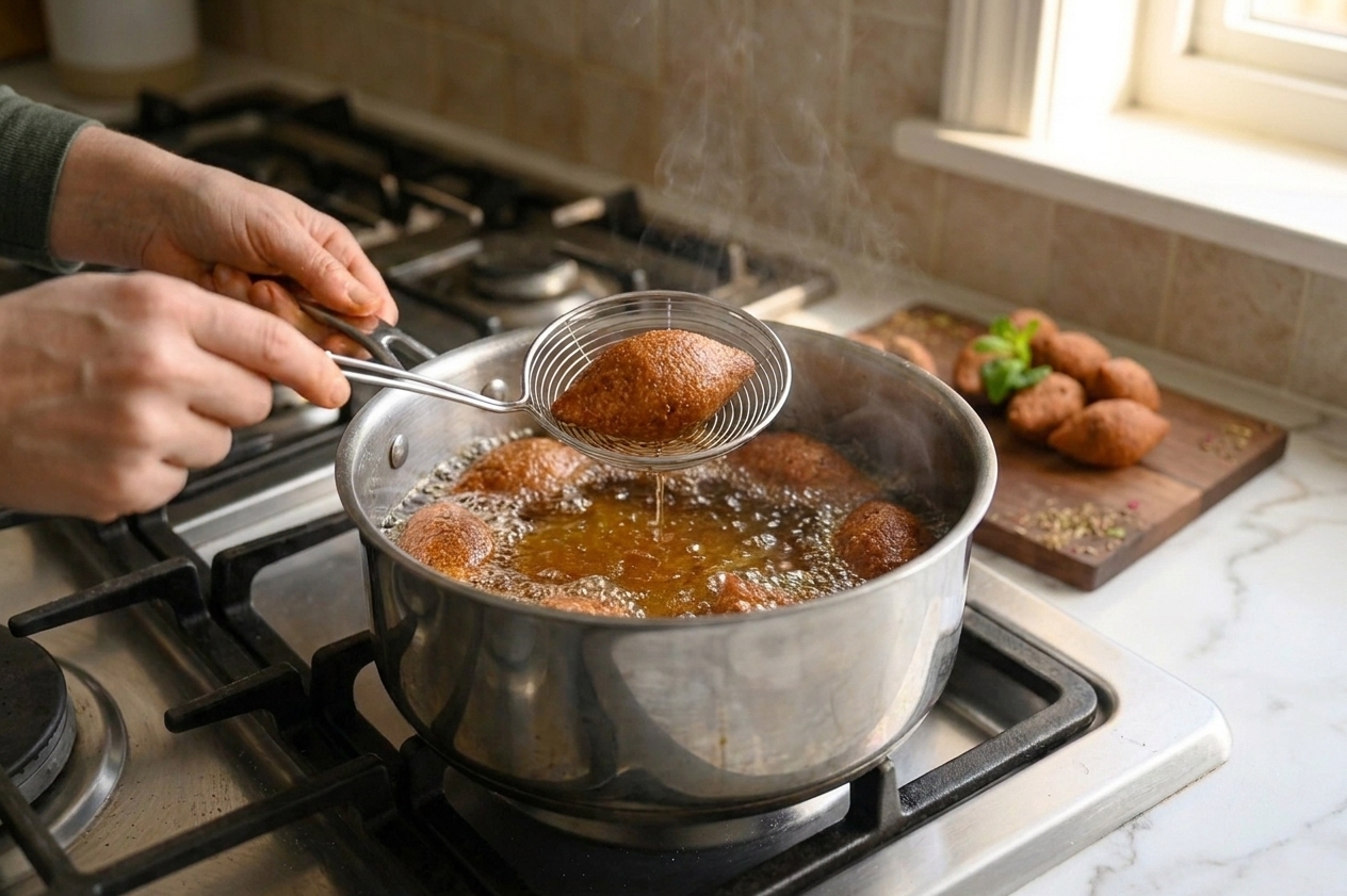 Several kibbeh pieces frying in bubbling oil in a deep pot on a stovetop, turning golden brown
