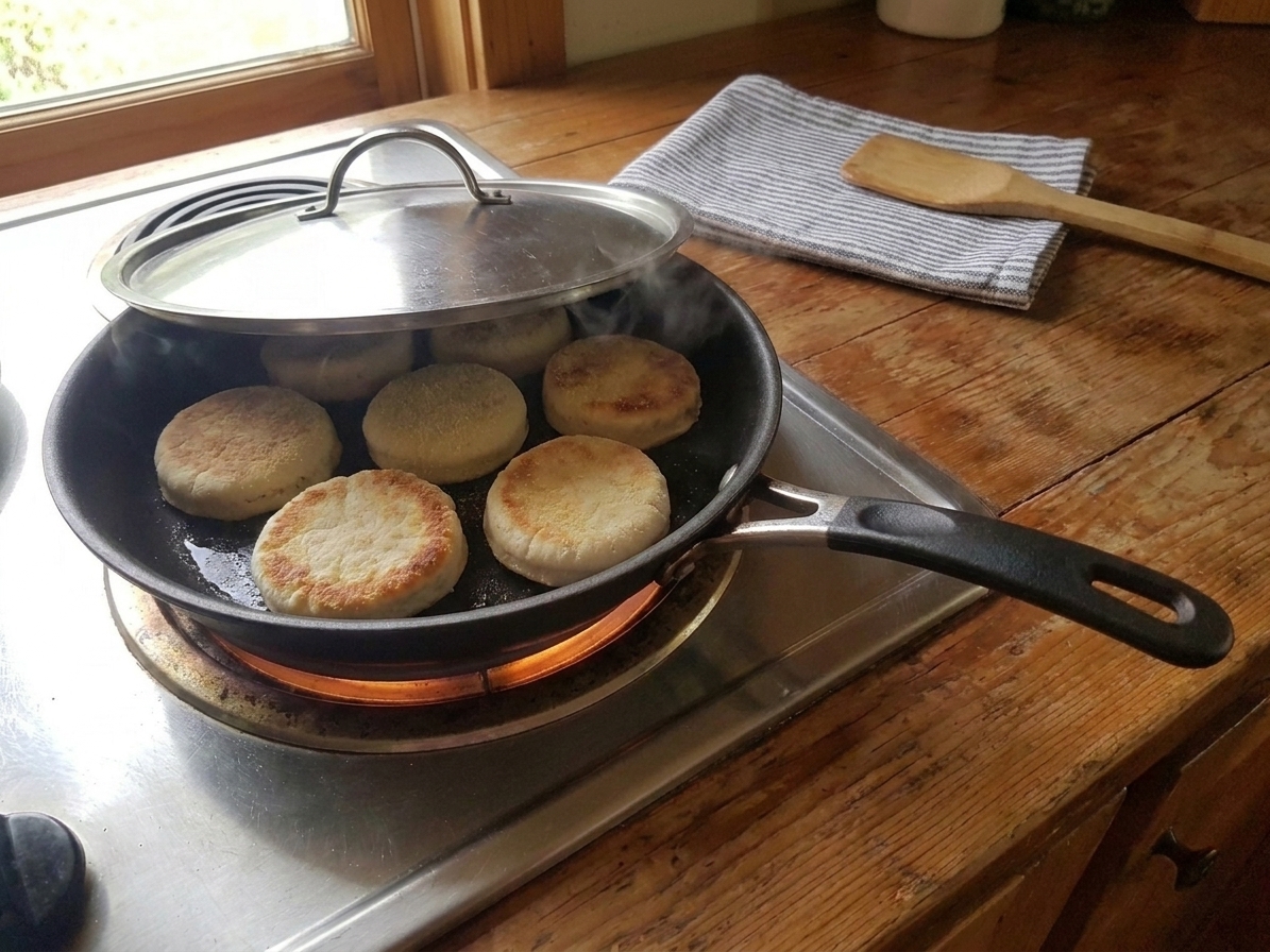 Several muffin rounds cooking in a covered skillet, edges turning golden as they griddle