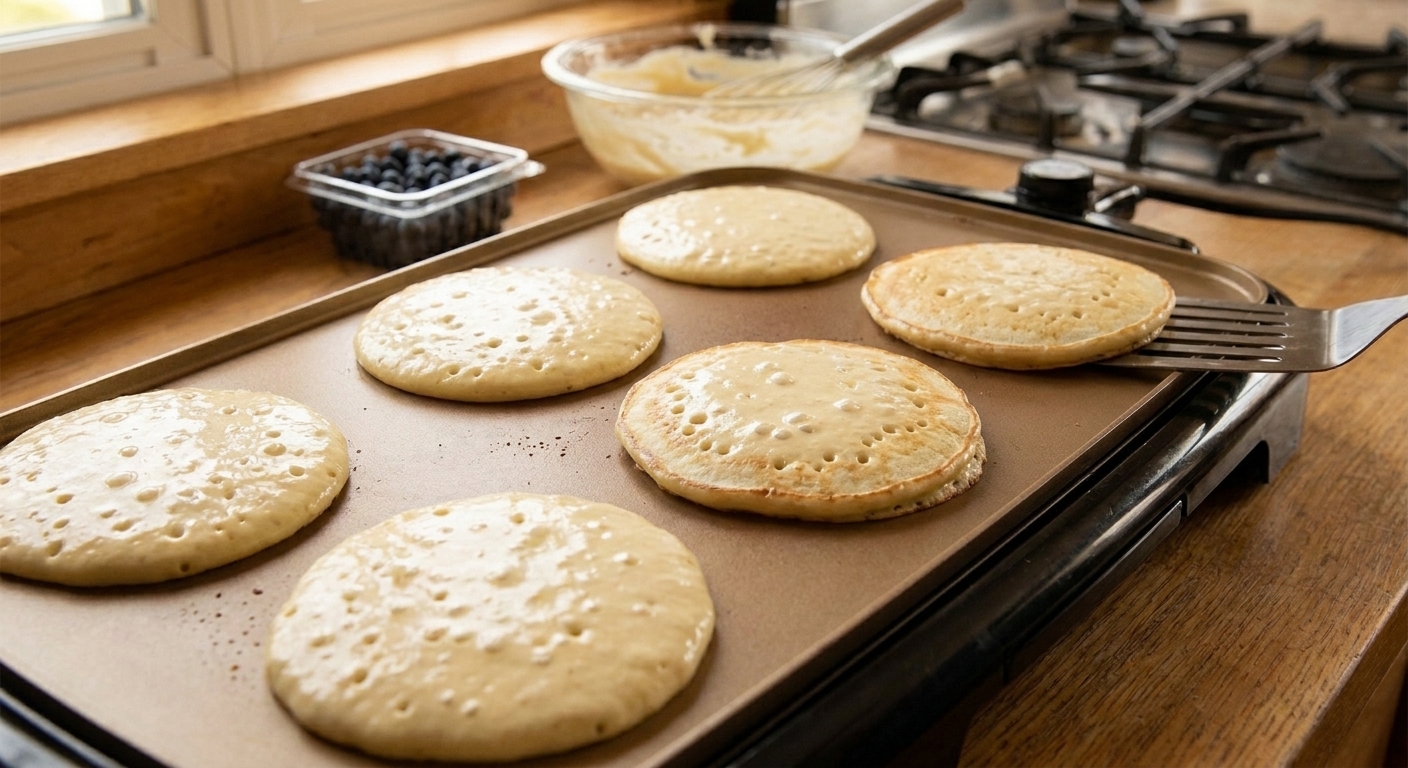 Several pancakes cooking on a flat griddle with bubbles forming on top under warm kitchen lighting