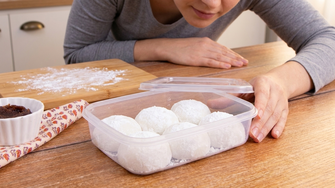 Several pieces of mochi dusted with potato starch resting in a shallow airtight container on a kitchen counter