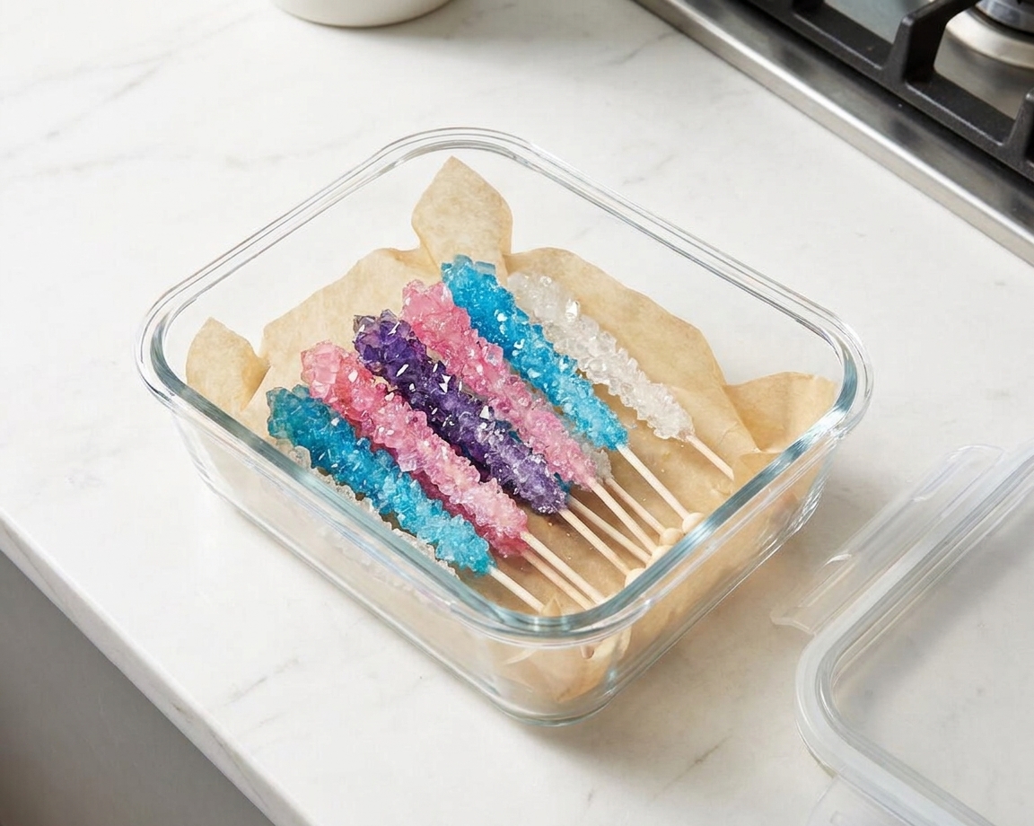 Several rock candy sticks laid in a single layer inside a clear airtight container lined with parchment on a kitchen counter