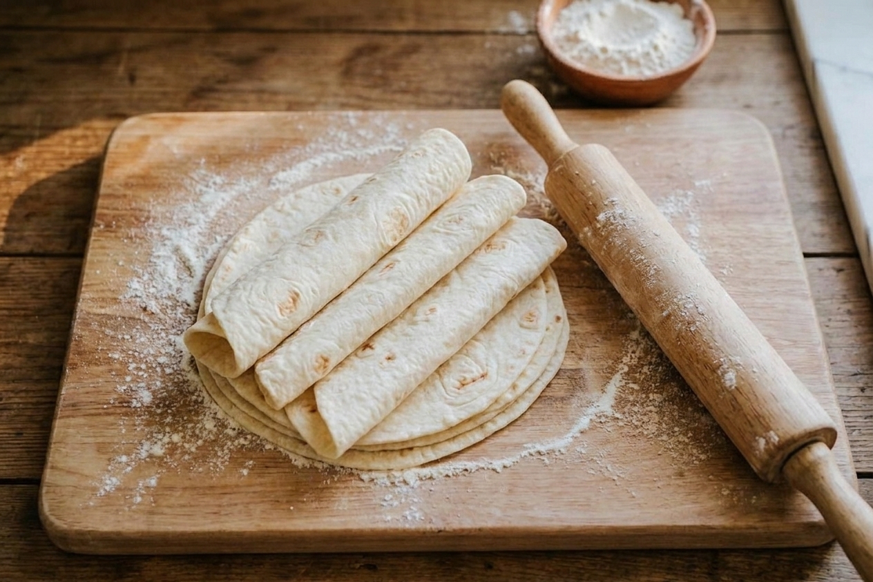 Several rolled flour tortilla rounds on a lightly floured wooden board beside a rolling pin, ready to cook