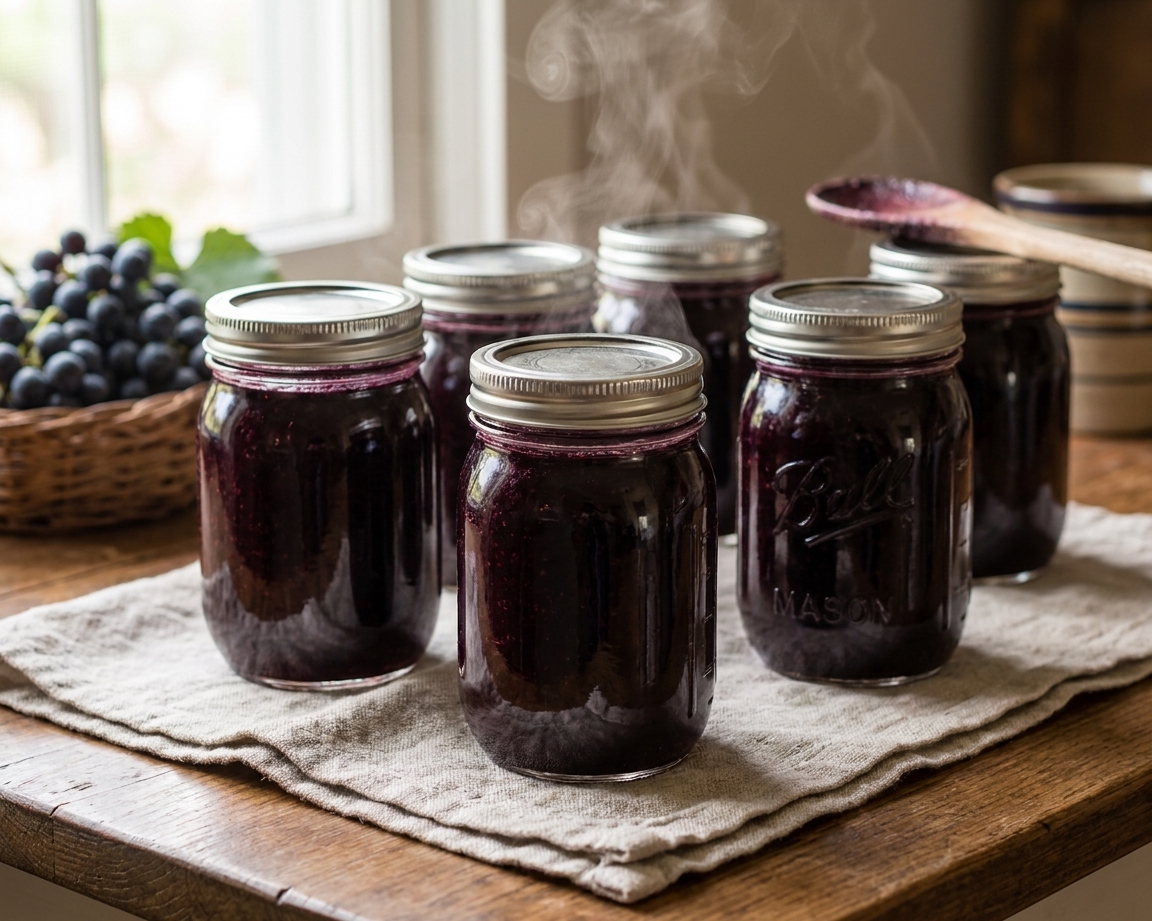 Several sealed jars of homemade grape jelly cooling on a kitchen towel on the counter with soft window light