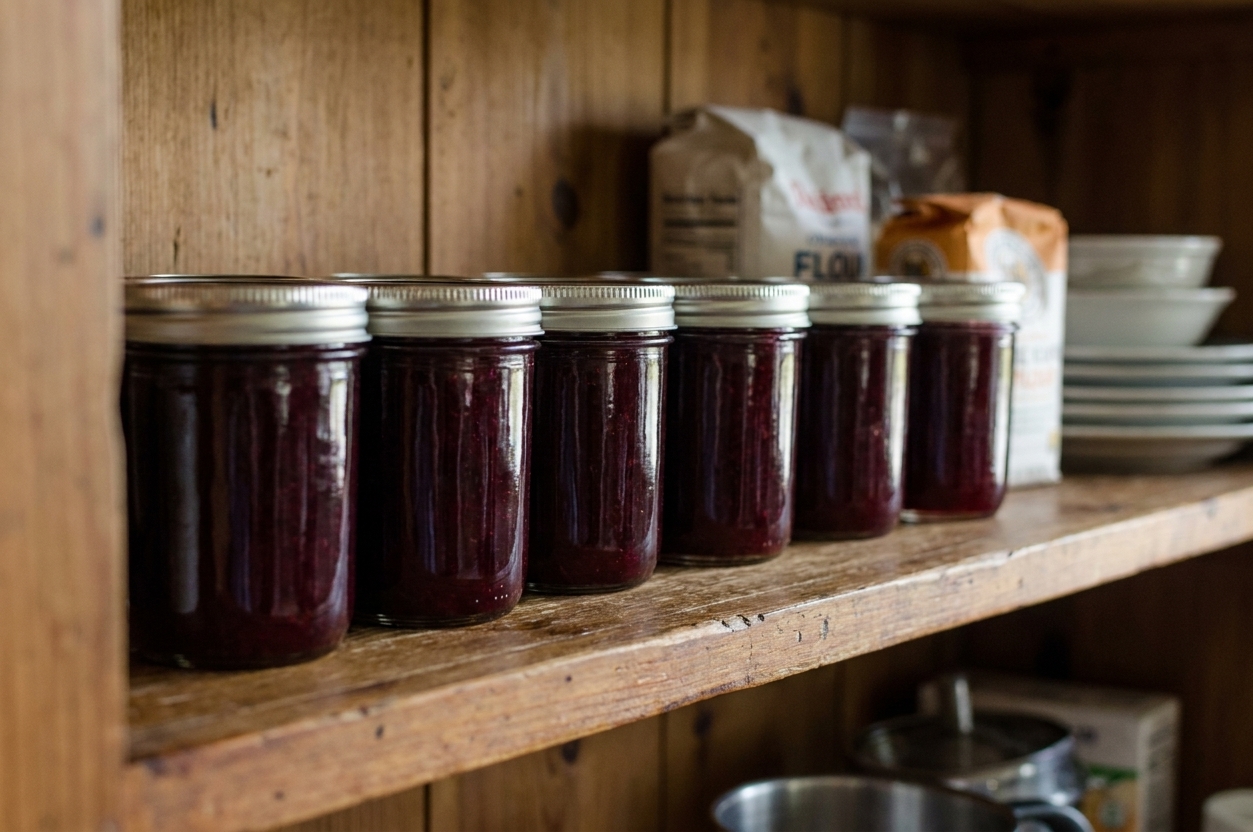 Several sealed jars of muscadine jelly lined up on a pantry shelf with soft indirect light