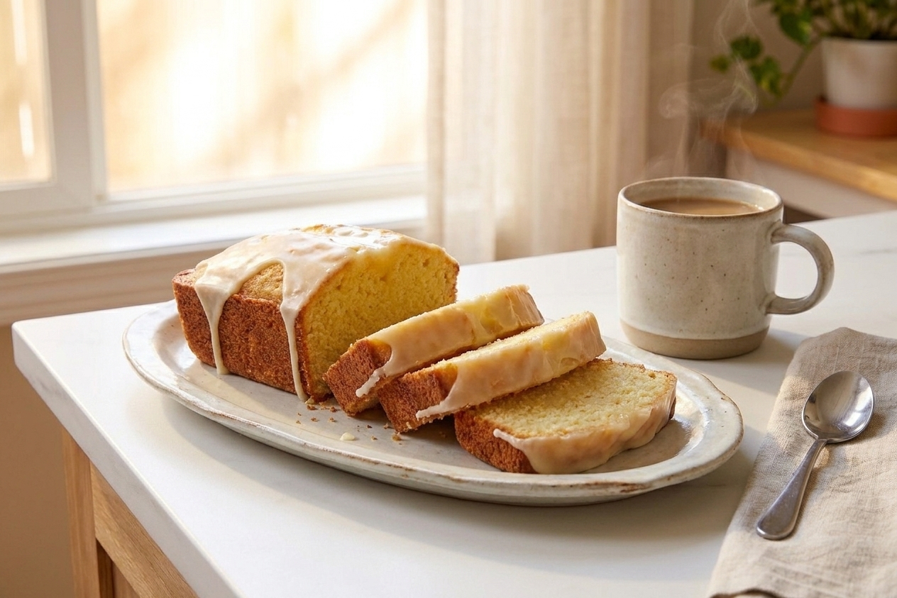 Several slices of glazed lemon loaf arranged on a ceramic platter on a kitchen table with a cup of coffee nearby